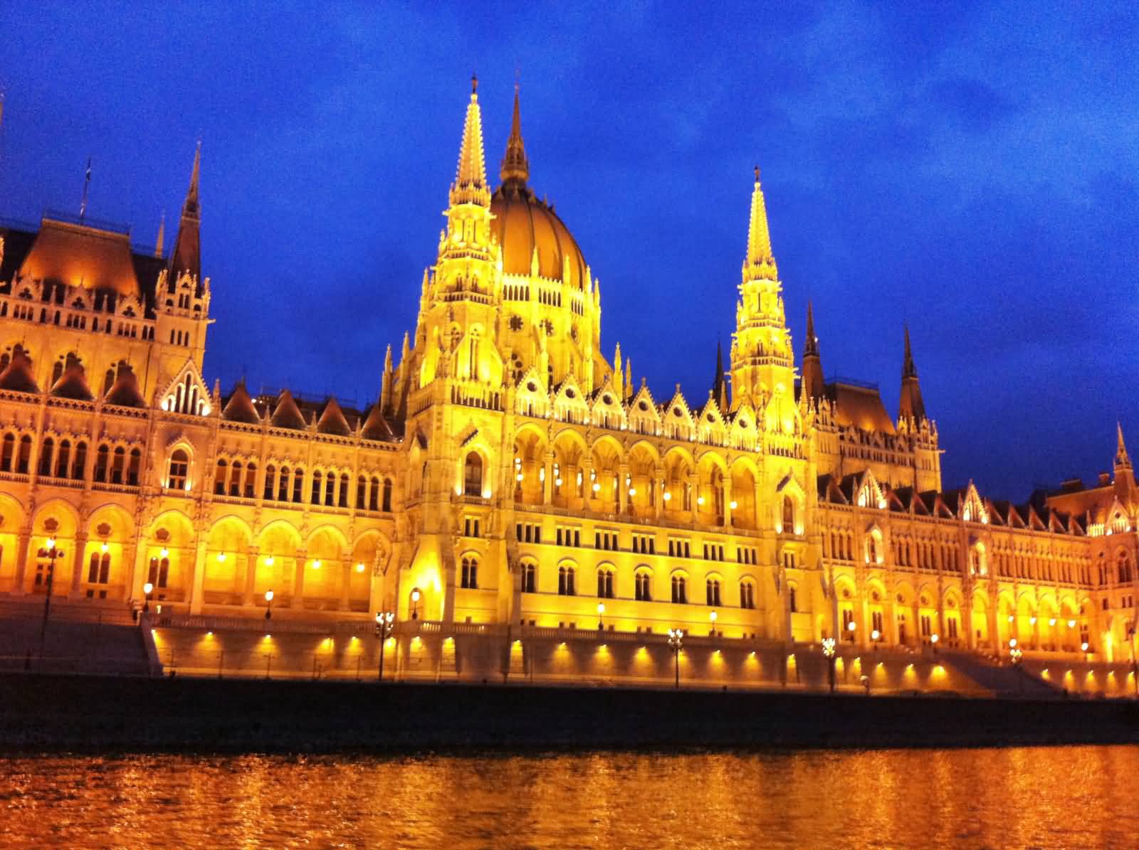 Hungarian Parliament Building Illuminated By Night