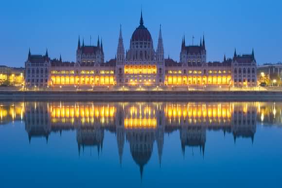 Hungarian Parliament Building Lit Up At Dusk