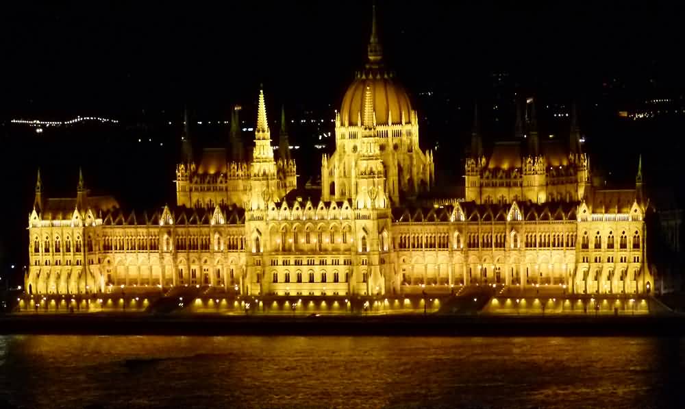 Hungarian Parliament Building Lit Up At Night