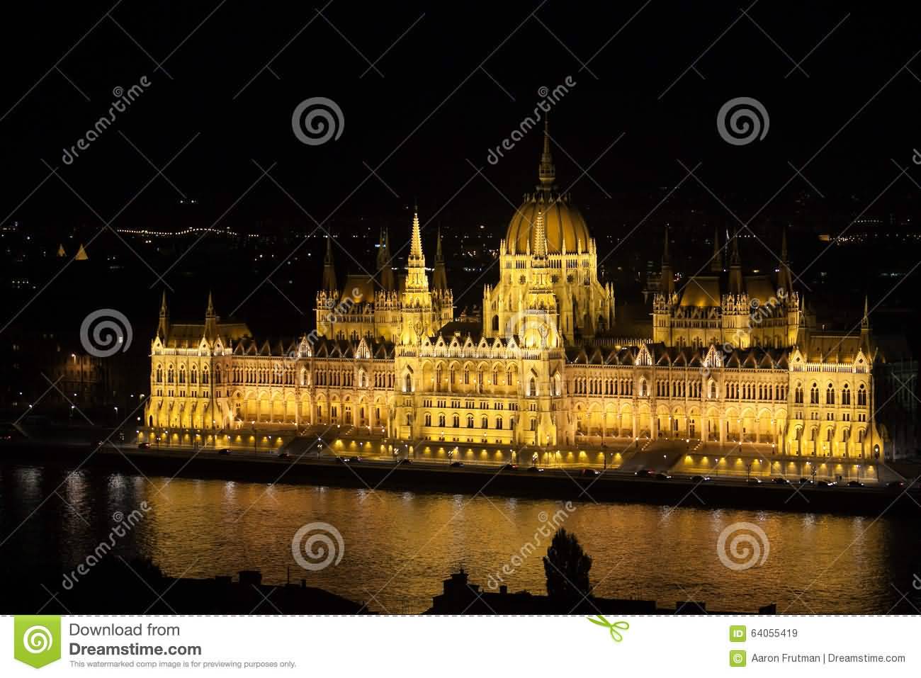 Hungarian Parliament Building Night View Across The Danube River