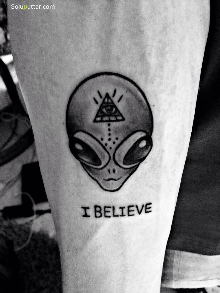 I Believe - Black Ink Alien Head Tattoo Design For Sleeve