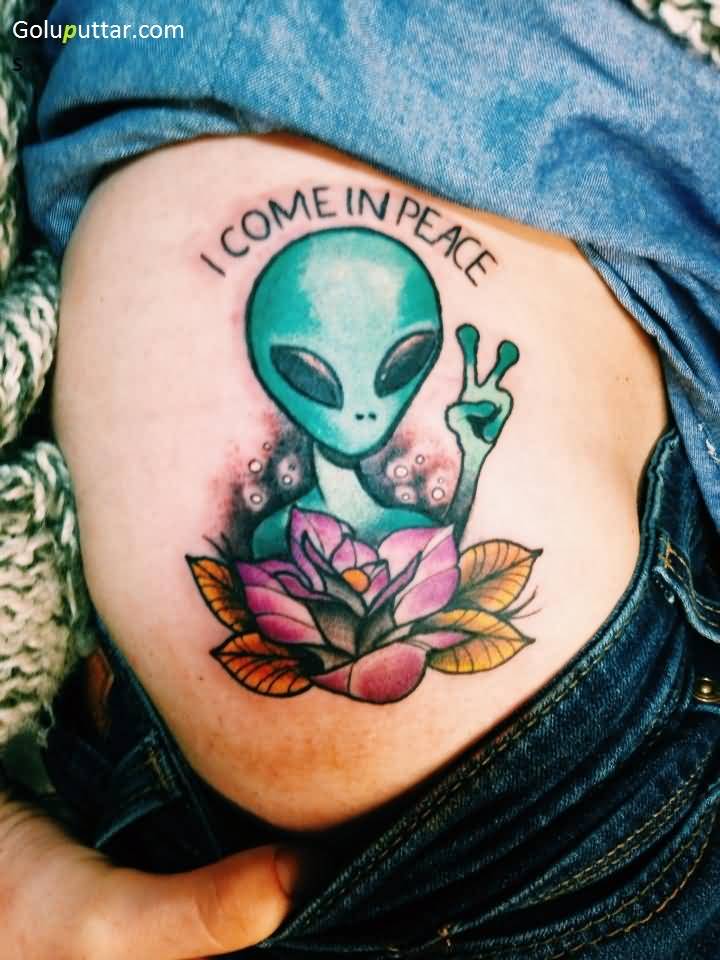 I Come In Peace – Traditional Alien With Rose Tattoo On Right Side Rib
