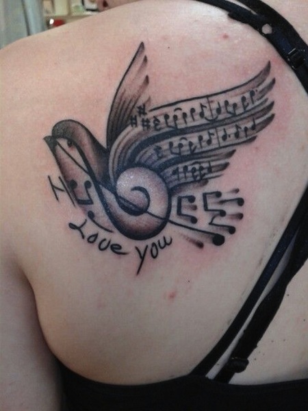 I Love You Memorial Music Notes Tattoo On Left Back Shoulder