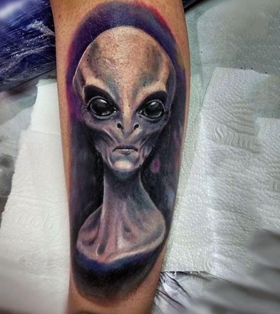 Impressive 3D Alien Head Tattoo On Sleeve