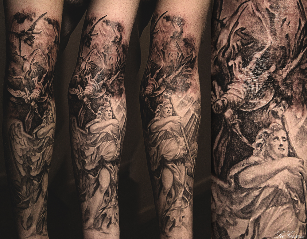 Impressive Archangel Michael Tattoo On Right Forearm