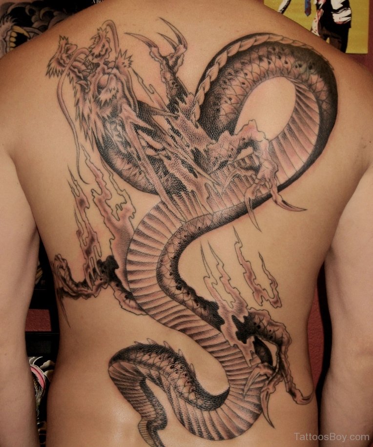 Impressive Black Ink Dragon Tattoo On Full Back