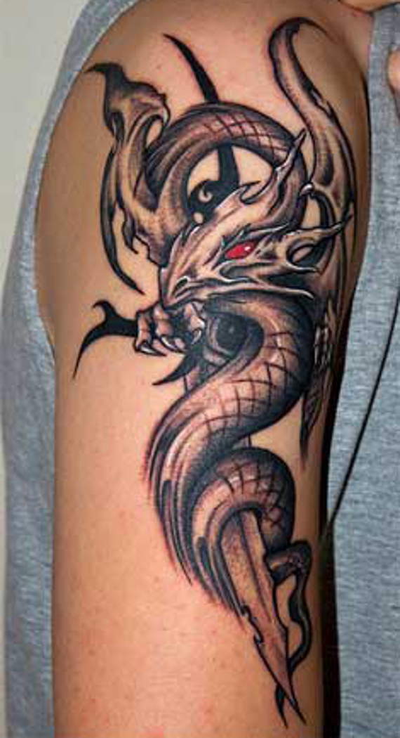 Impressive Black Ink Dragon Tattoo On Right Half Sleeve