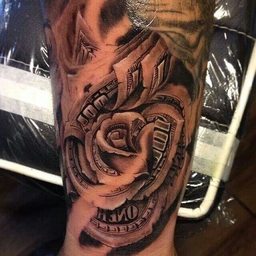 Impressive Black Ink Money Rose Tattoo Design For Sleeve