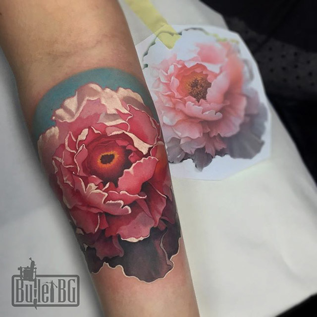 Impressive Peony Flower Tattoo On Left Forearm