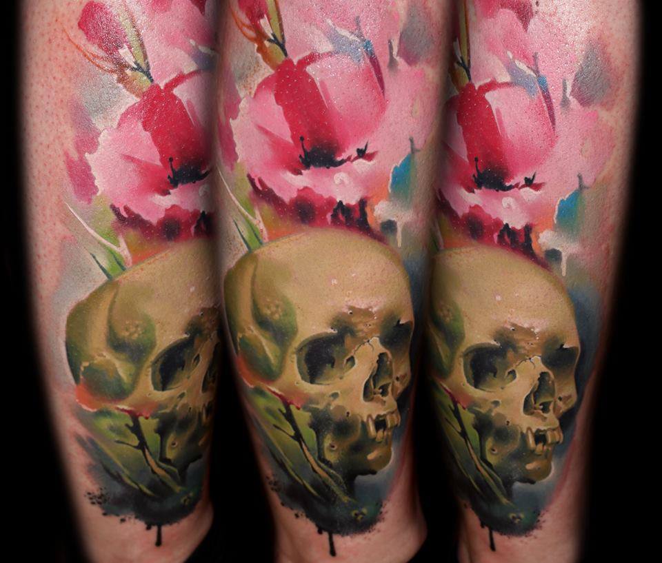 Impressive Skull With Flower Tattoo On Thigh