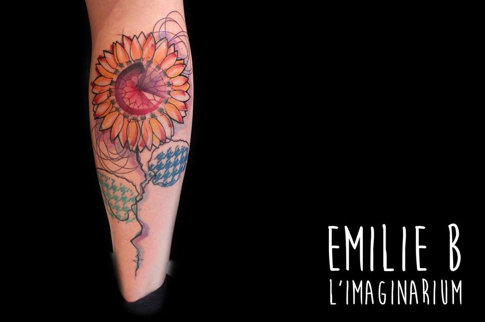 Impressive Sunflower Tattoo On Right Leg Calf by Emilie B