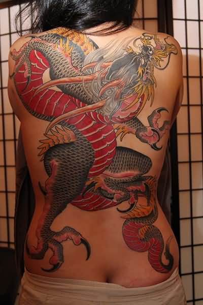 Impressive Traditional Dragon Tattoo On Women Full Back