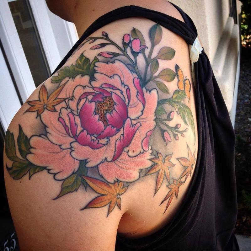 Impressive Traditional Peony Flower Tattoo On Left Back Shoulder By Jeff Norton