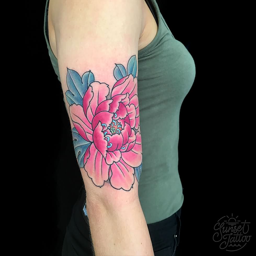 Impressive Traditional Peony Flower Tattoo On Women Right Half Sleeve