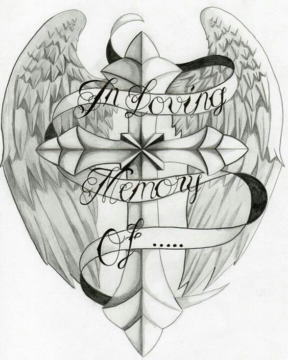 In Loving Memory Of Memorial Winged Cross Tattoo Design