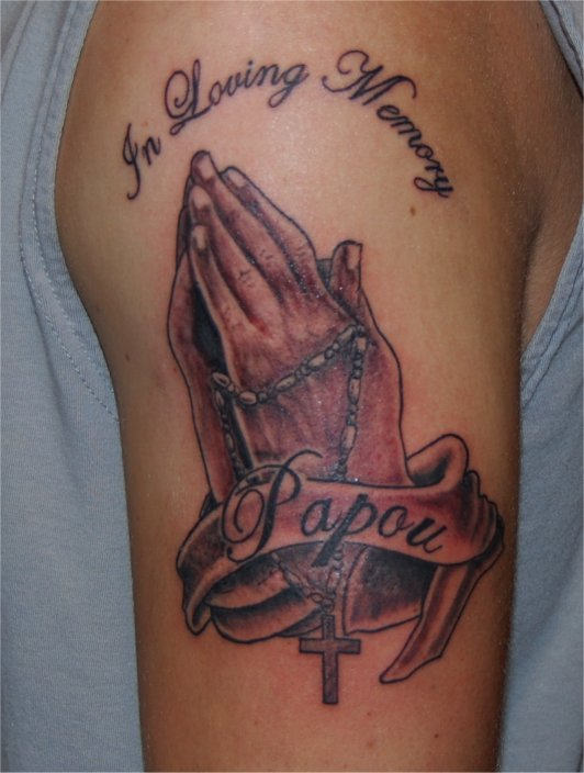 In Loving Memory Praying Hands And Papa Banner Tattoo On Bicep