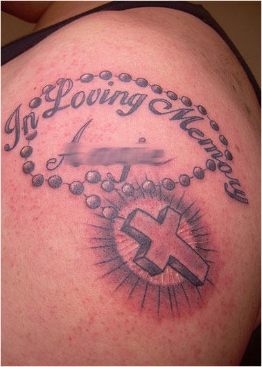 In Loving Memory Rosary Cross Tattoo On Left Shoulder