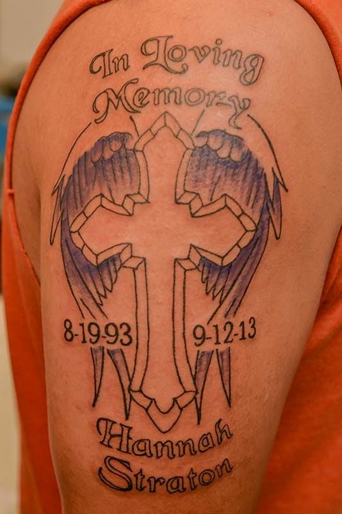 In Loving Memory Winged Cross Memorial Tattoo On Right Half Sleeve