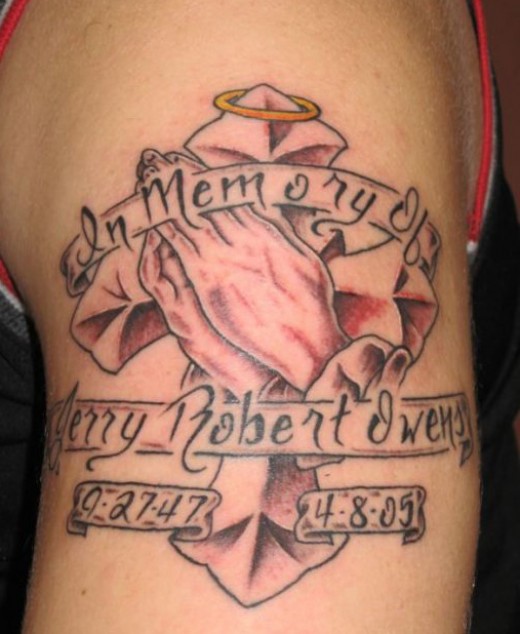 In Memory Of Banner And Praying Hands Memorial Tattoo On Shoulder
