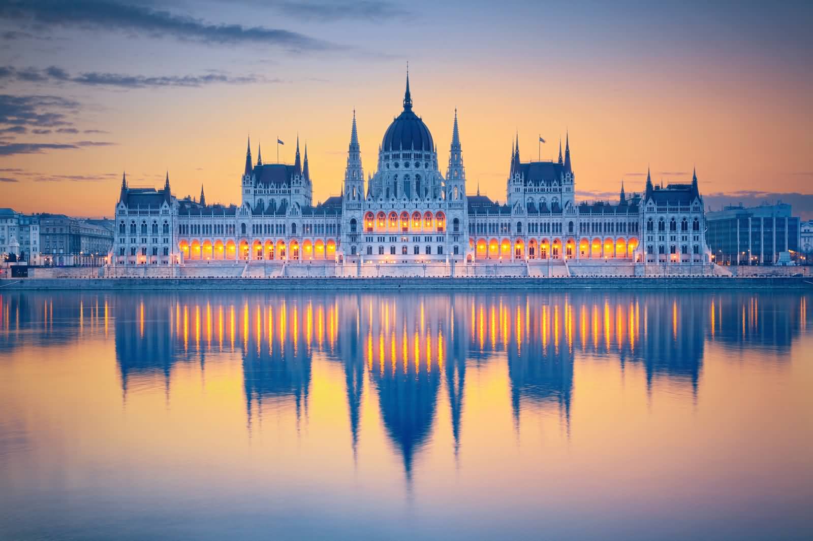 Incredible View Of The Hungarian Parliament Building At Dusk