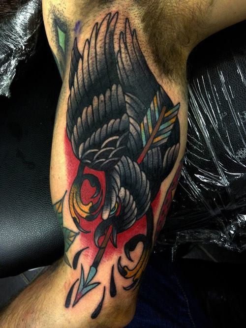 Inner Bicep Crow Tattoo For Men