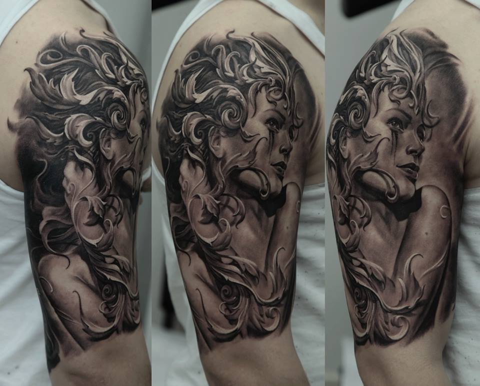 Inspiring Black And Grey Women Tattoo On Right Half Sleeve By Dmitriy Samohin