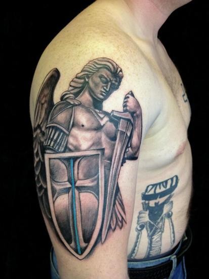 Inspiring Black Ink Archangel Michael Tattoo On Man Right Half Sleeve