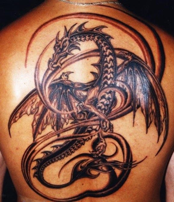 Inspiring Black Ink Dragon Tattoo On Man Full Back