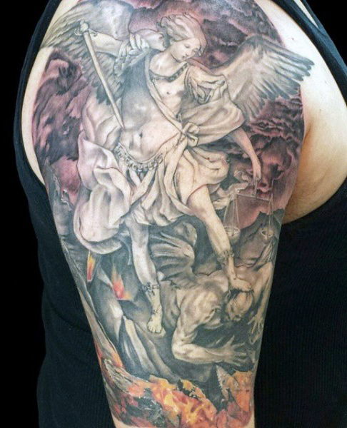 Inspiring Grey Ink Archangel Michael Tattoo On Man Right Half Sleeve