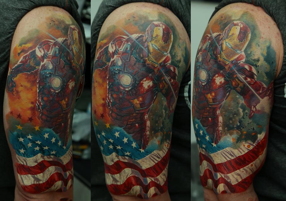 Iron Man With USA Flag Tattoo On Right Half Sleeve