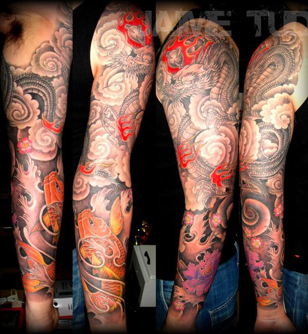 Japanese Dragon With Koi Fish And Flower Tattoo On Full Sleeve