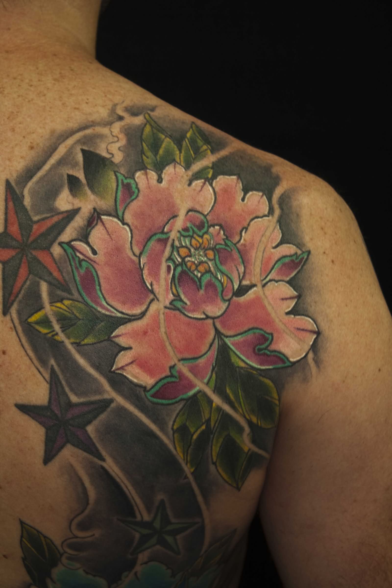 Japanese Peony Flower Tattoo On Right Back Shoulder