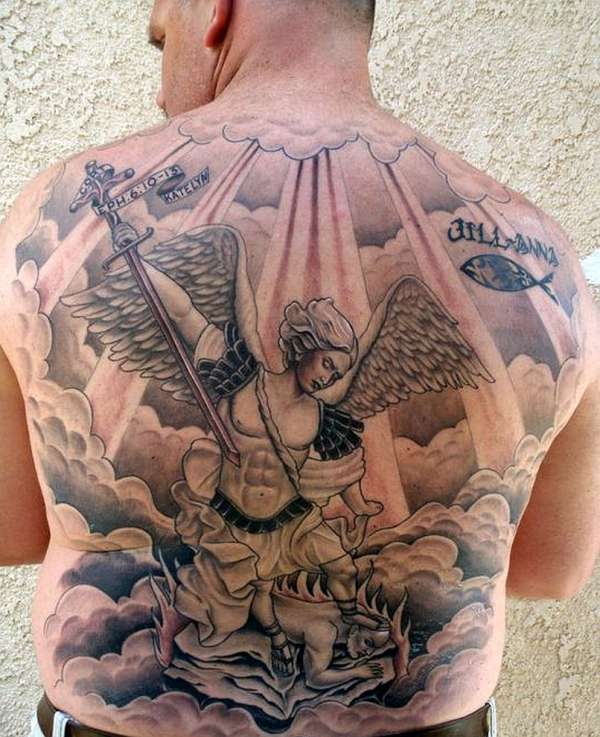 Latest Black And Grey Archangel Michael Tattoo On Man Full Back