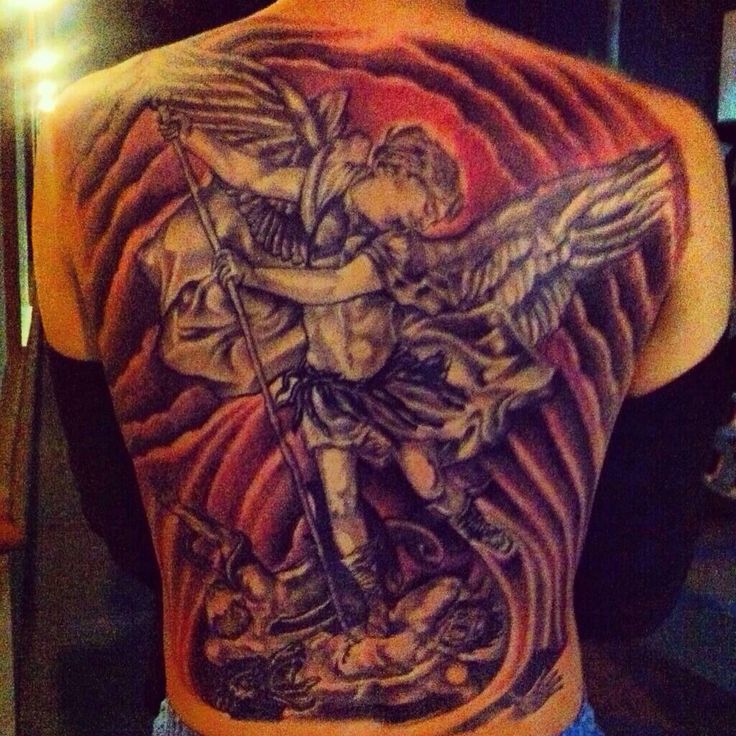 Latest Black Ink Archangel Michael Tattoo On Man Full Back