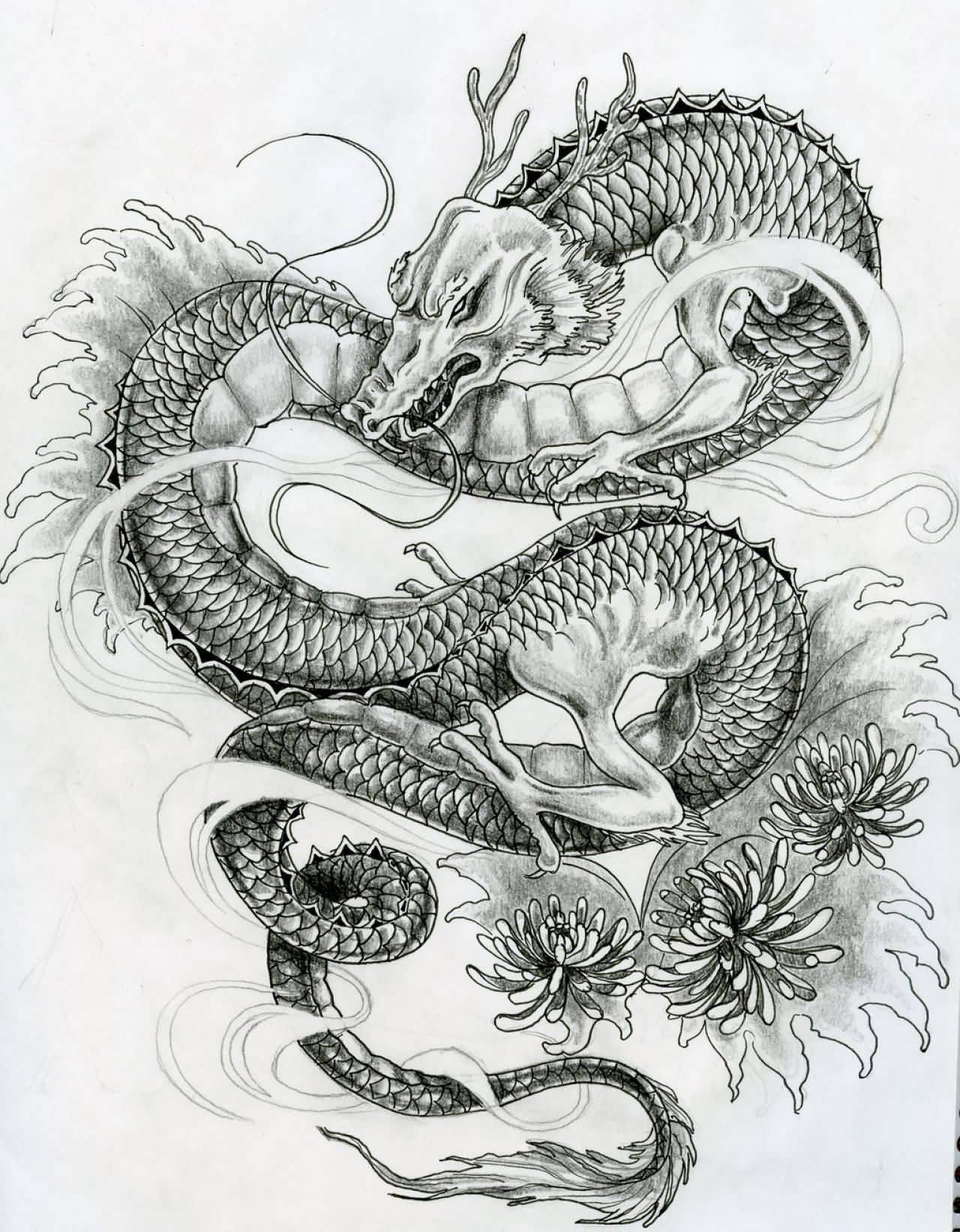 Latest Black Ink Japanese Dragon Tattoo Design By Elyspencer