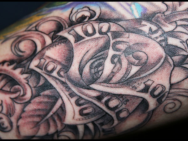 Latest Black Ink Money Rose Tattoo Design For Sleeve
