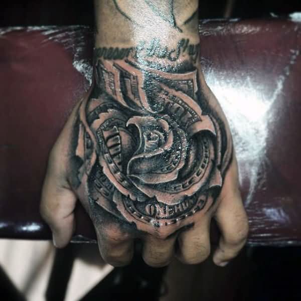 Latest Black Ink Money Rose Tattoo On Left Hand