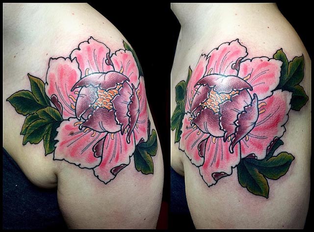 Latest Peony Flowers Tattoo On Left Shoulder
