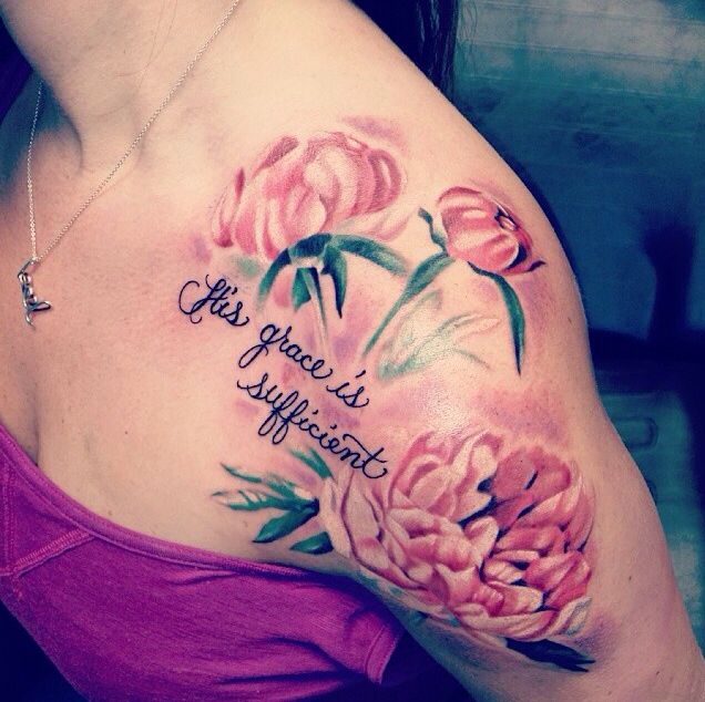Latest Peony Flowers Tattoo On Women Left Shoulder
