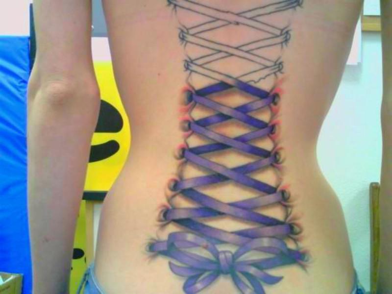 Latest Purple Ink Corset With Bow Tattoo On Back