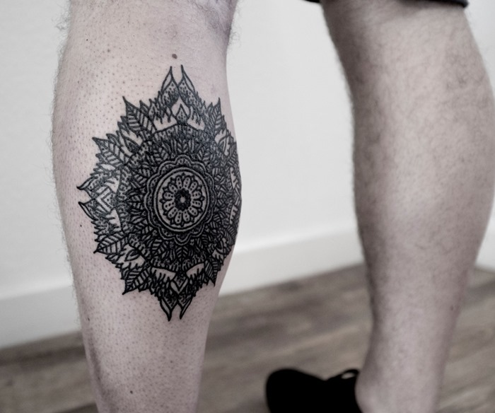 Left Back Leg Mandala Flower Tattoo