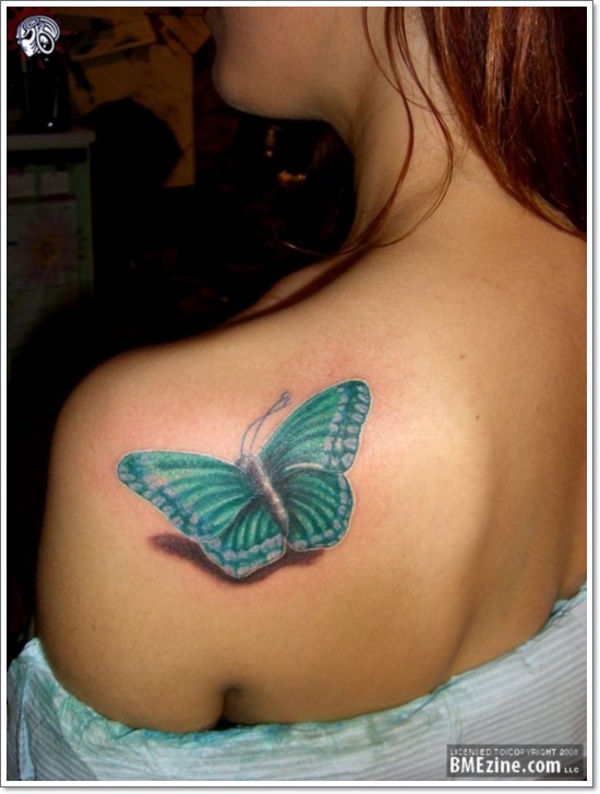 Left Back Shoulder Color Butterfly Tattoo For Girls