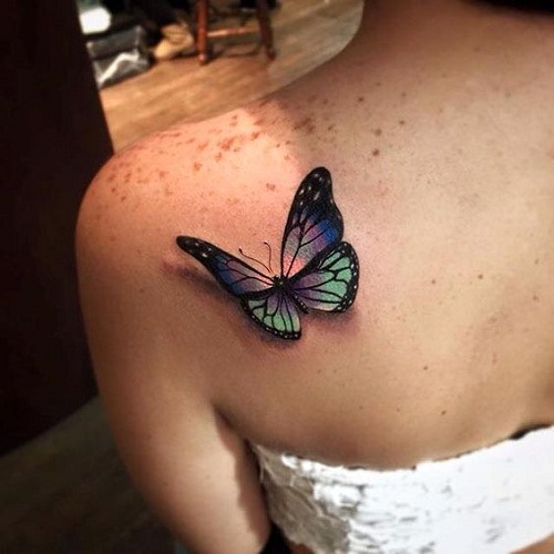 Left Back Shoulder Colored Butterfly Tattoo For Girls