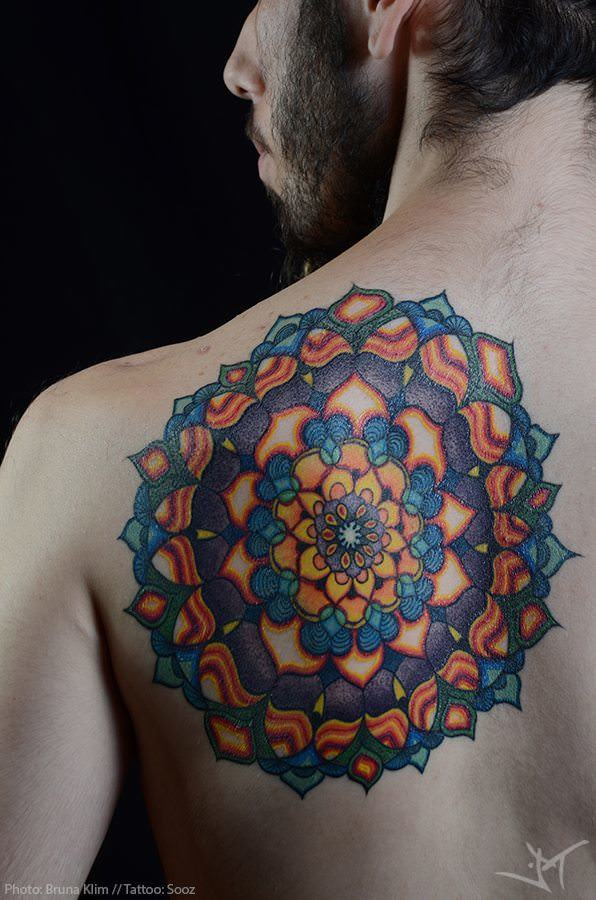 Left Back Shoulder Mandala Flower Tattoo