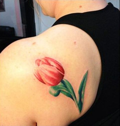 Left Back Shoulder Nice Tulip Flower Tattoo