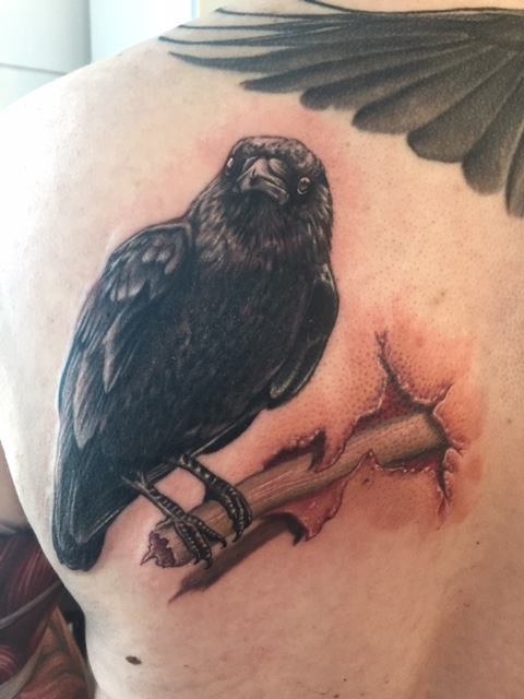 Left Back Shoulder Ripped Skin Crow Tattoo