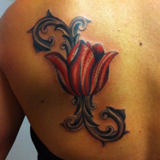 Left Back Shoulder Tulip Flower Tattoo