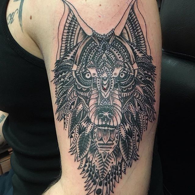 Left Bicep Mandala Wolf Tattoo