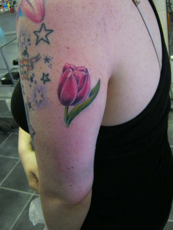 Left Bicep Tulip Flower Tattoo For Girls