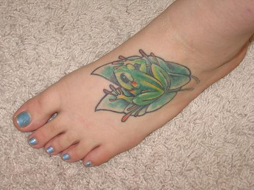 Left Foot Green Leaf And Frog Tattoo